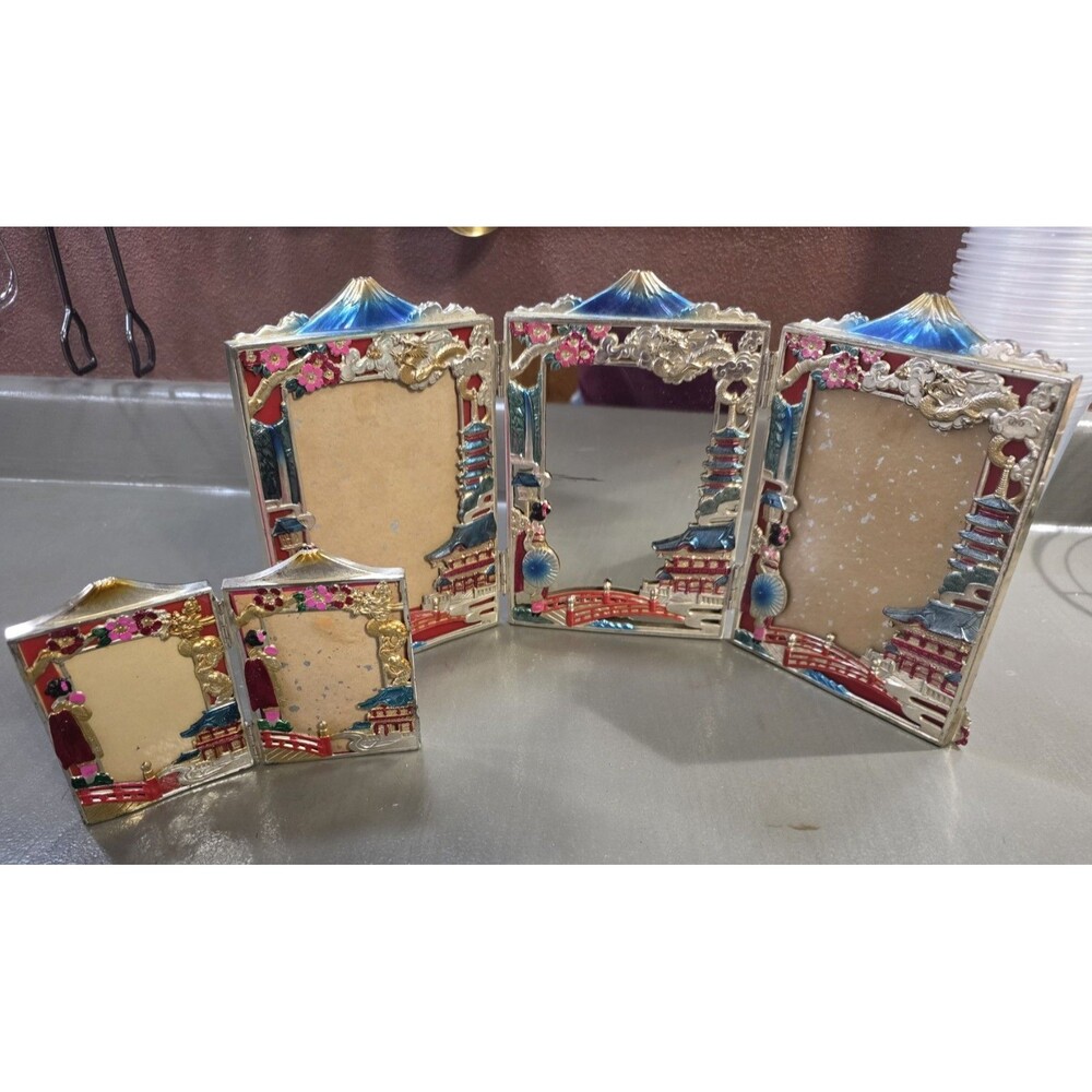 Vintage Japanese Triptych Photo Frame Set And Mirror